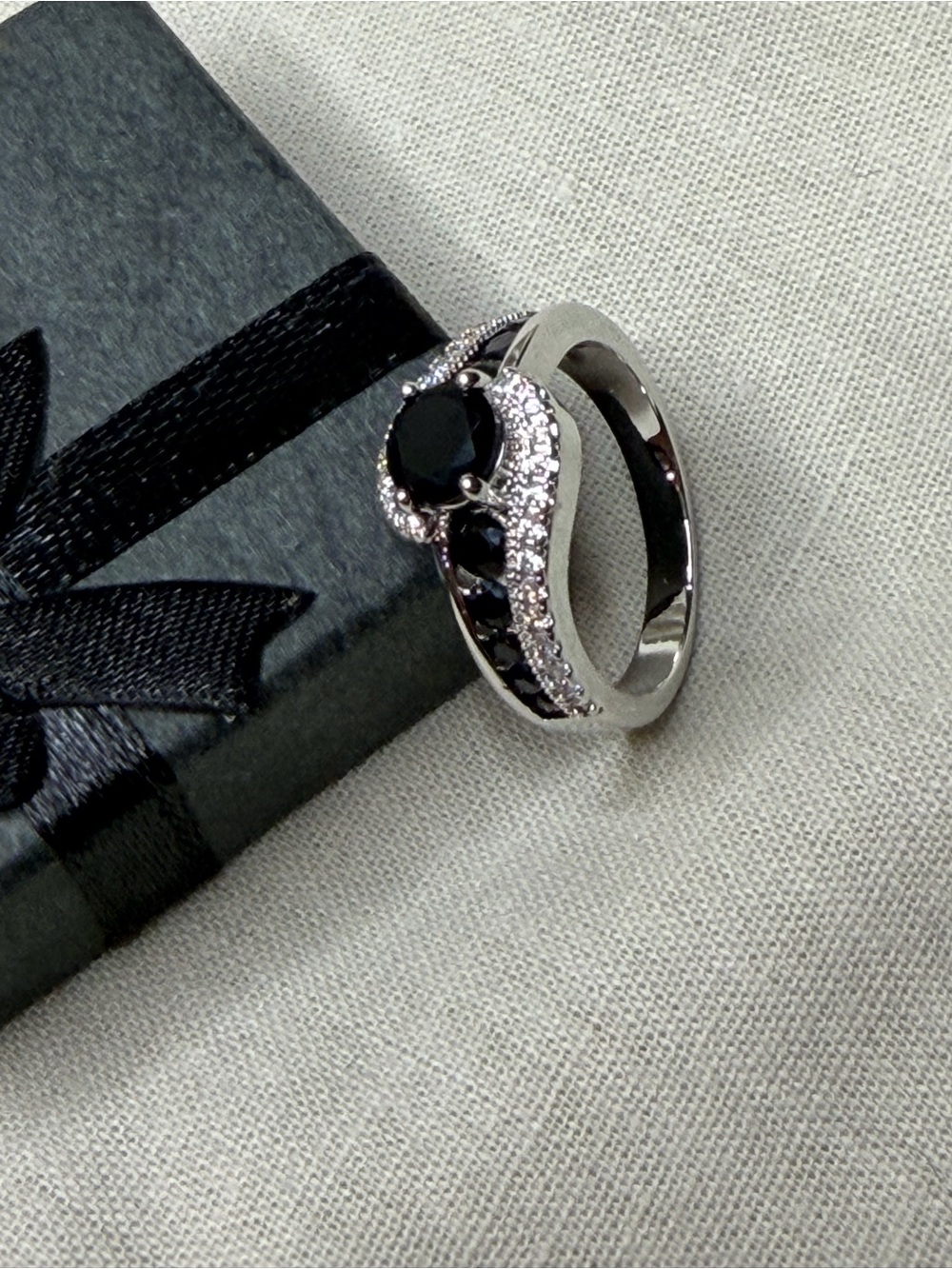 Silver Ring with Black Stone and Clear Accents